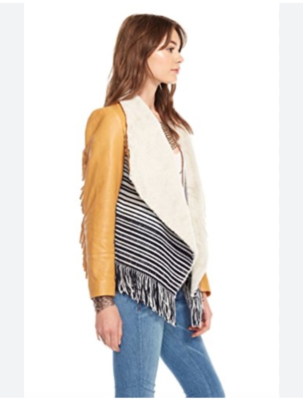 Chaser Tan Leather Fringe Western Jacket Tweed Faux Fur Shawl Collar Woman’s M